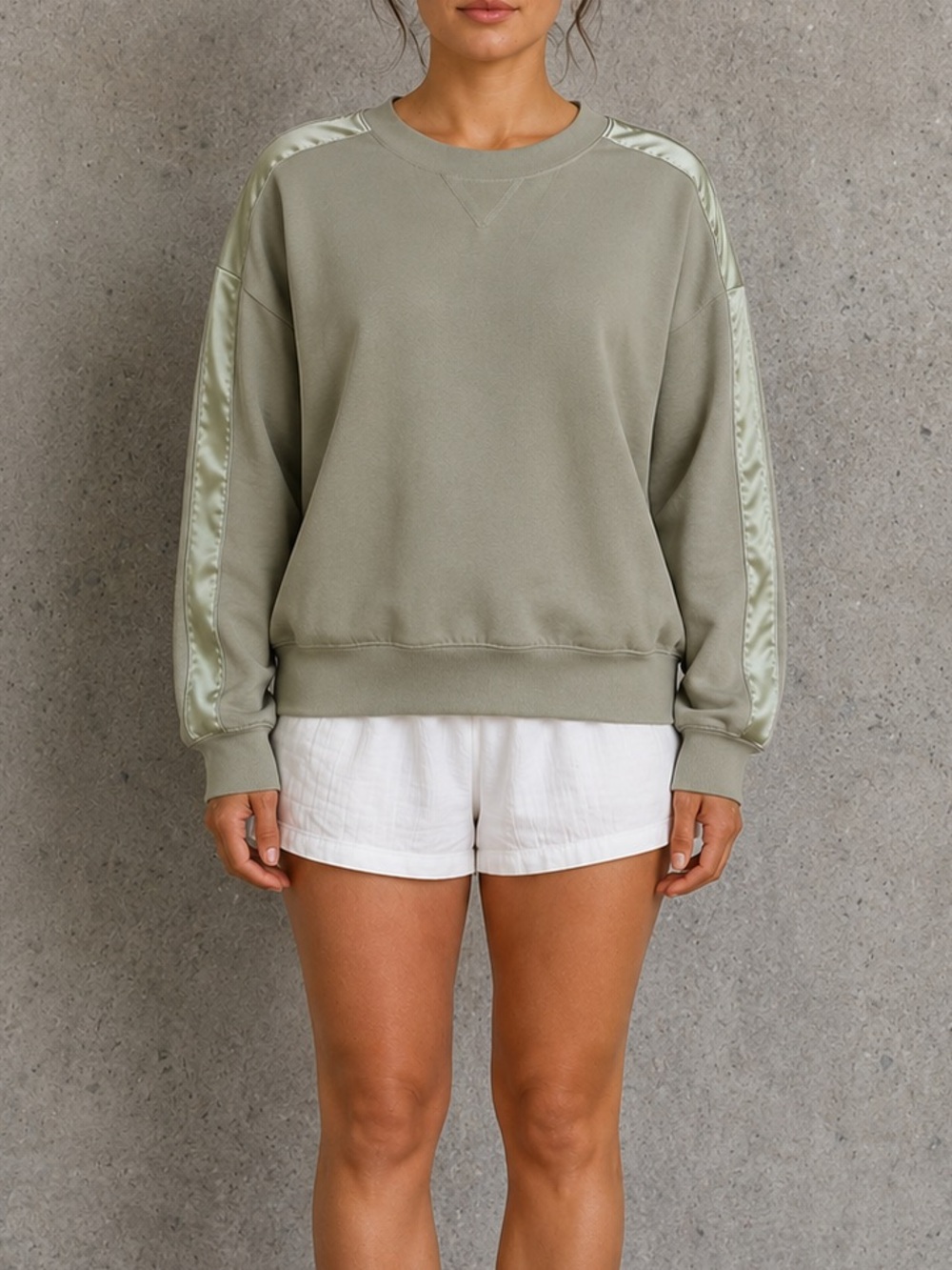 Club Monaco Sage Satin Stripe Sweatshirt Pullover Quiet Luxury Minimalist Large